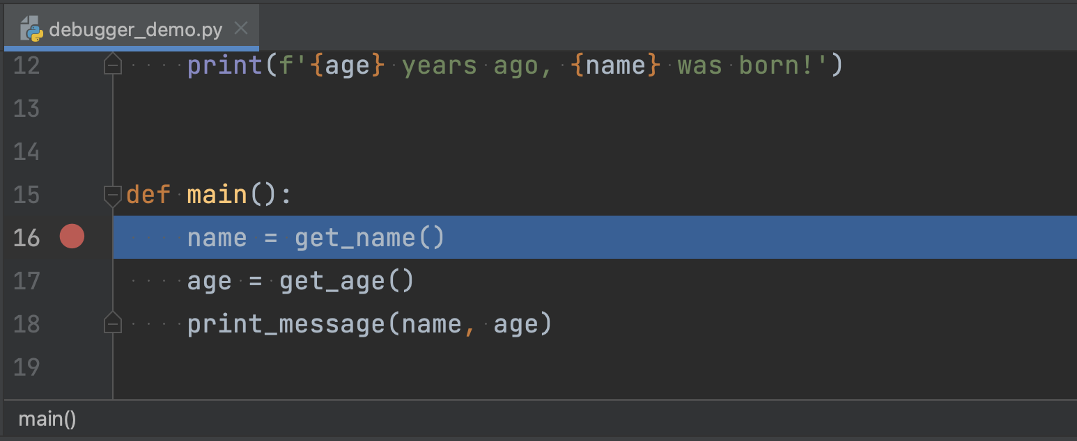 Pycharm main window stopped at line 16