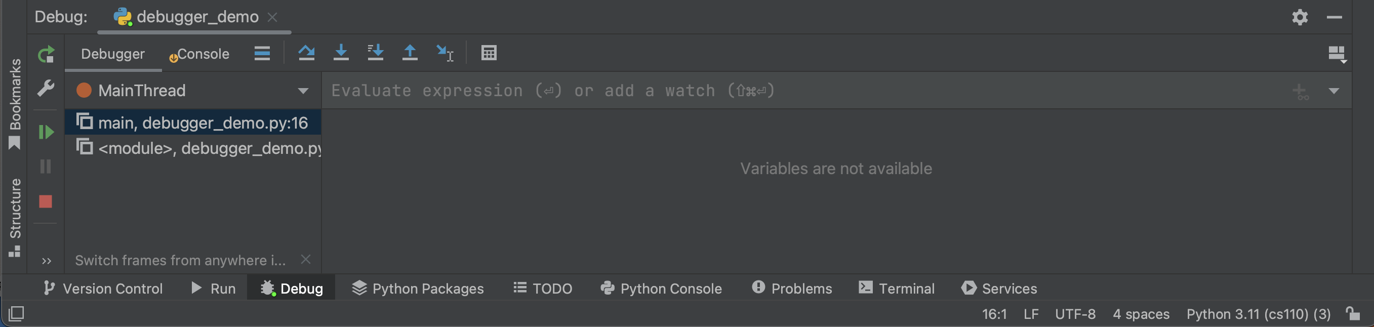 PyCharm debugging window