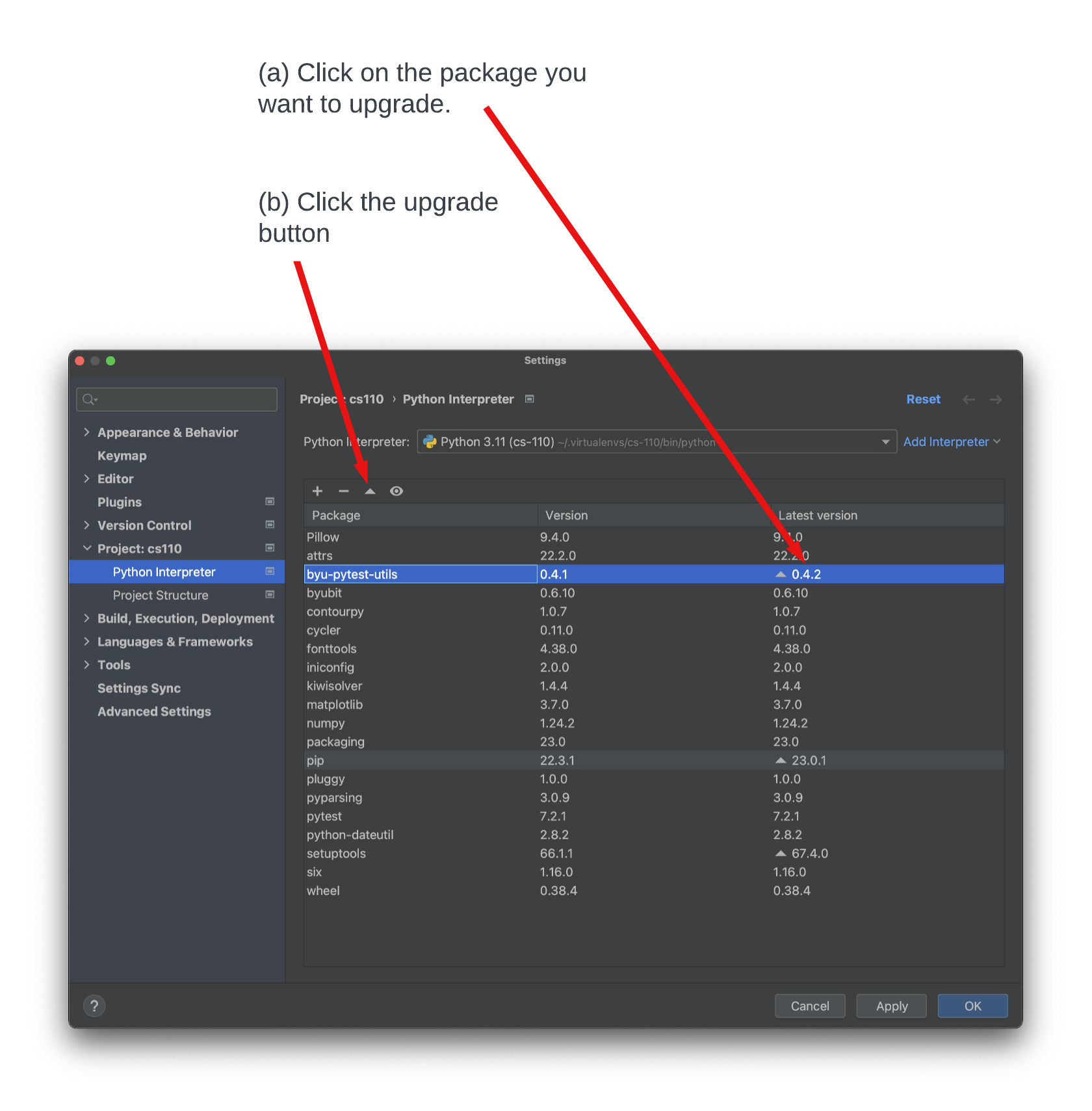 pycharm upgrade a package